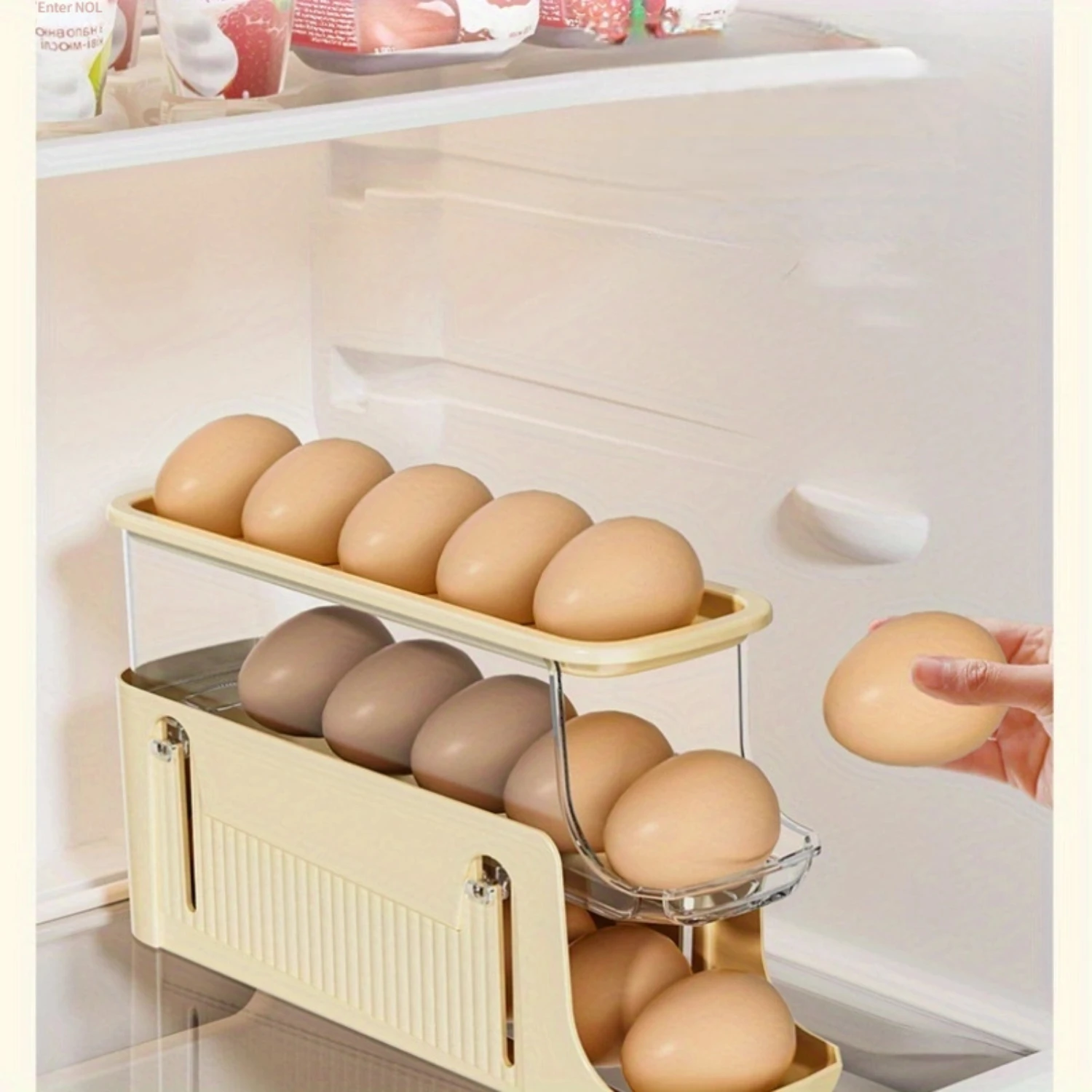 Double-Layer Egg Tray Organizer - Scrollable, Plastic, Classic Design for Refrigerator Side Door  with Easy Access