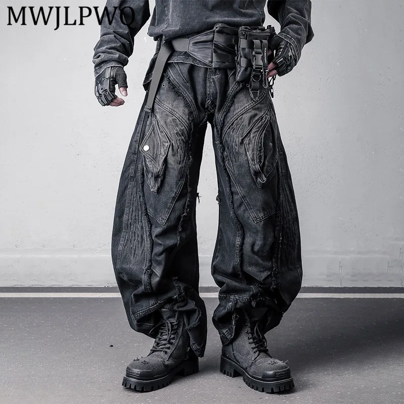 

MWJLPWQ Niche Style Dark Heavy-Duty Patchwork Wide-Leg Jeans For Men Loose Rough Edge Fringed Distressed Curved Trousers 13910