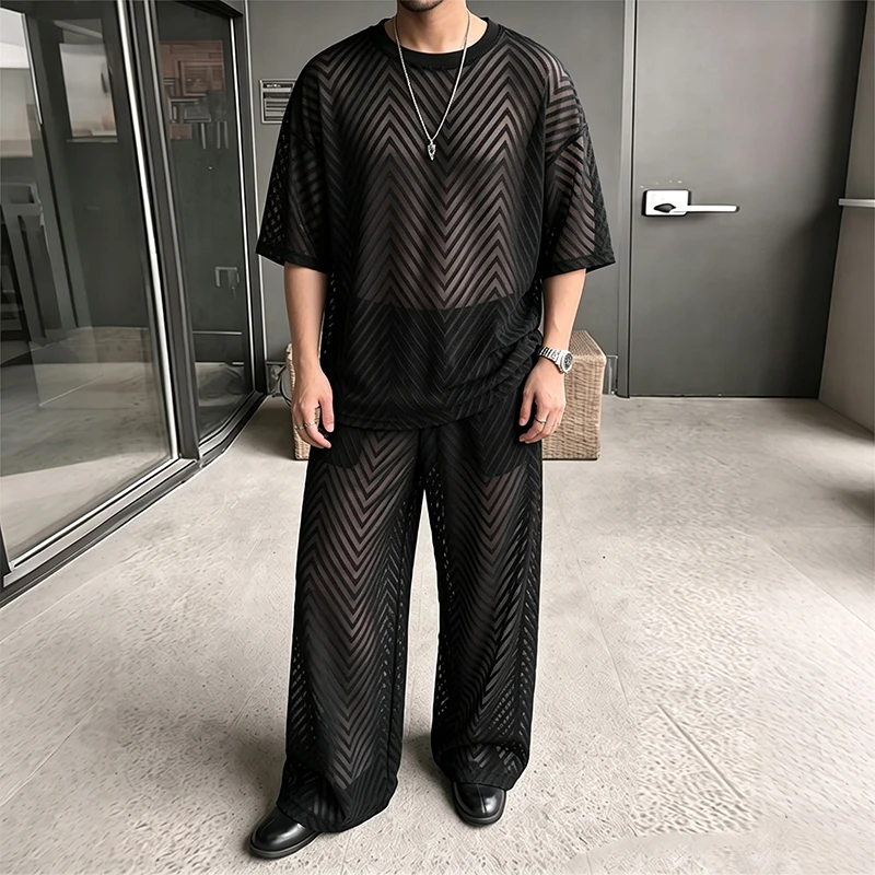 INCERUN Men's Sets See Through Mesh Short Sleeve T Shirt Pants Two Piece Sets Streetwear See Through Sexy 2026 Men Matching Sets
