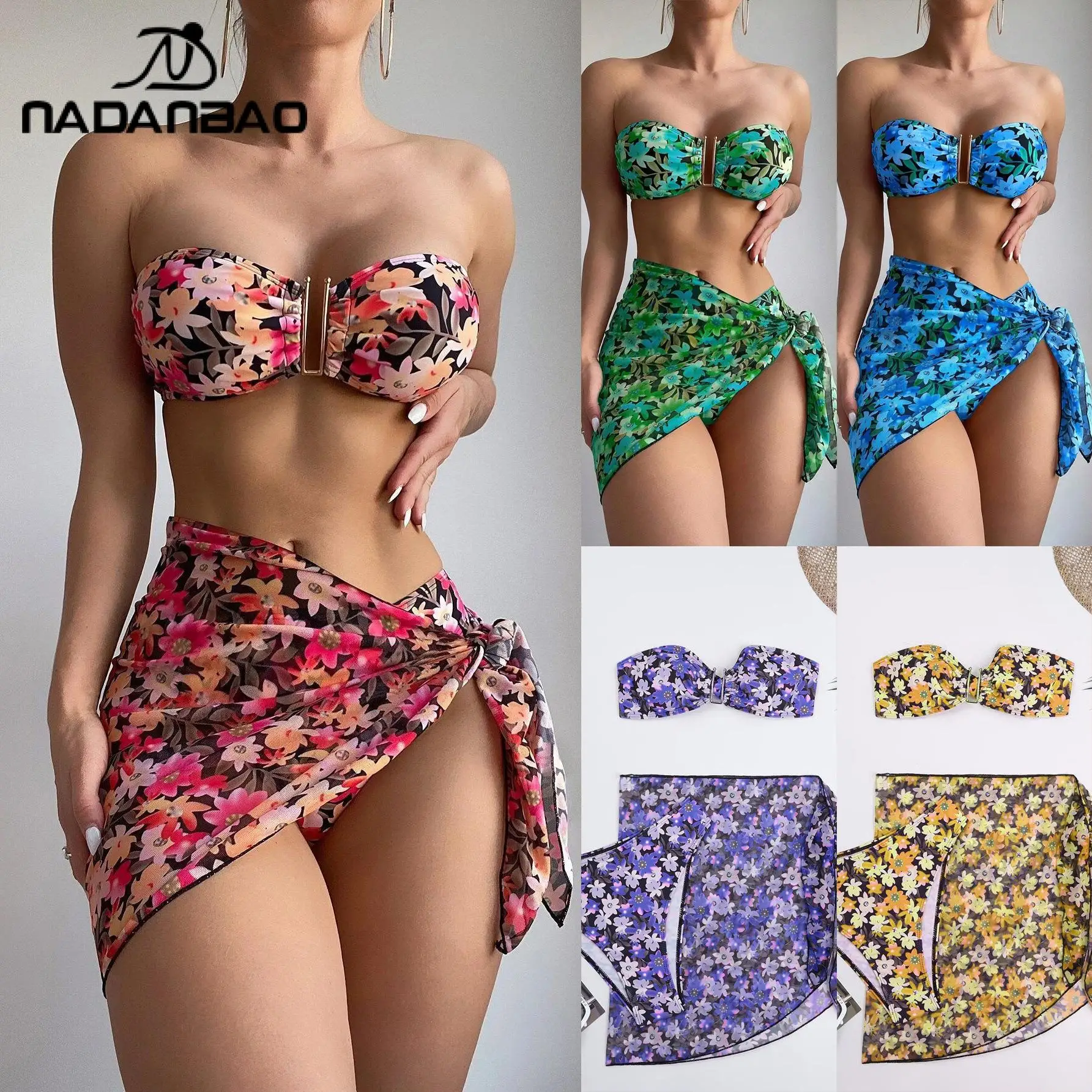 

Nadanbao Sexy Floral Printing U-Bikini Sets Women Fashion Backless Beach Party Swimwear Female Bandage Three-Piece Swimsuit