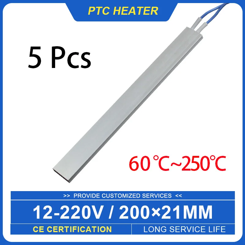 5 Pieces 200*21mm 60~250°C Thermostatic Ceramic PTC Heating Sheet Aluminum Shell Heating Plate Heater Accessories 12V~220V ACDC