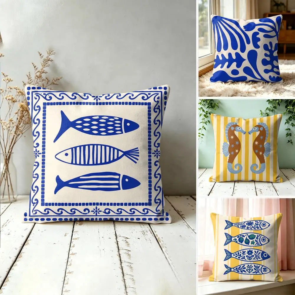 Blue Yellow Summer Art Cushion Cover Silky Short Plush Invisible Zipper Dustproof Sofa Pillow Case For Home Decor
