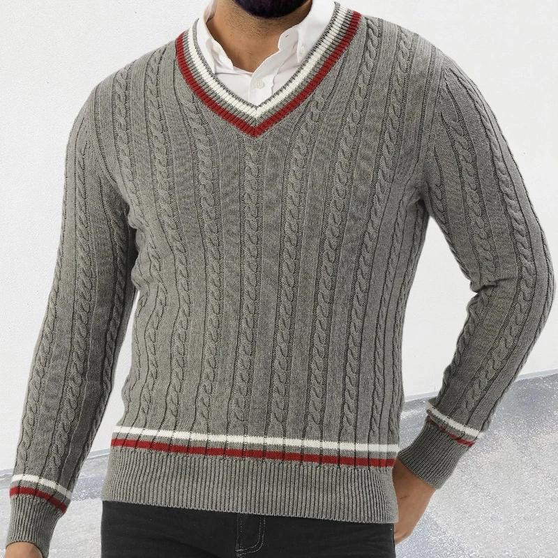 2024 Autumn Fashionable Sweater Mens Long Sleeve V Neck Striped Knit Jumpers Men Casual Slim Knitting Pullover Tops Streetwear