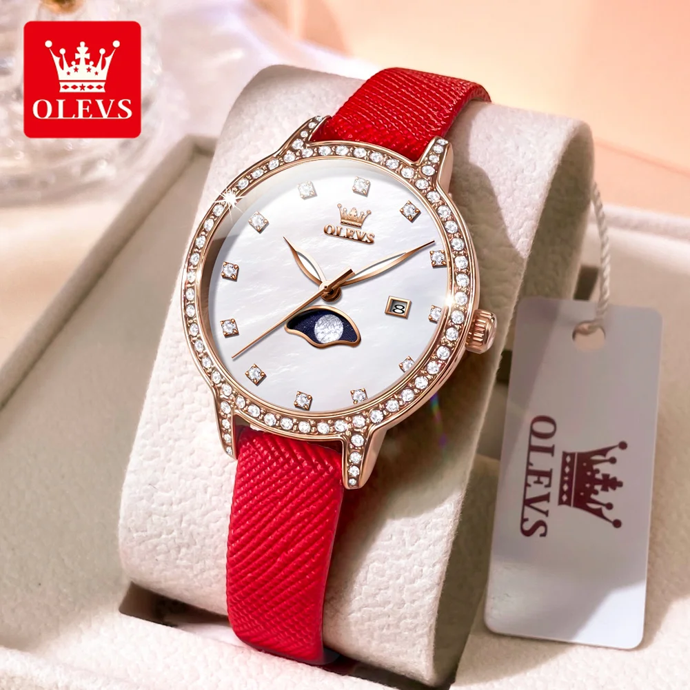 OLEVS 5597 Leather Strap Luxury Diamond Lap Original Quartz Watch for Women Moon Phase Waterproof Elegant Ladies Wristwatch Gift