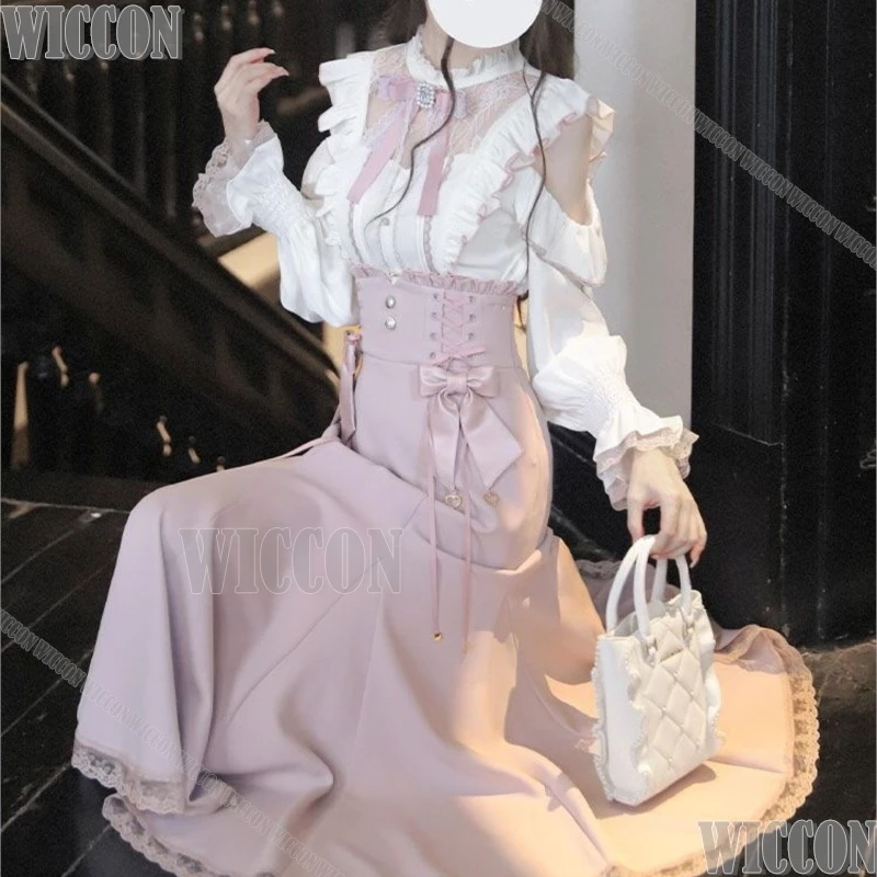 

Японская серийная элегантная юбка-рыбка с открытыми плечами и кружевными вставками, женская милая блузка для свиданий, весна-осень, Навидад, Карнавал, косплей