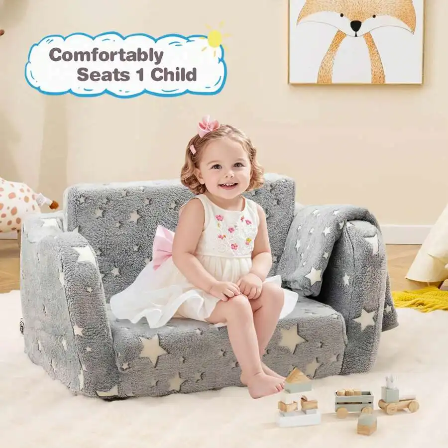 2-In-1 Kids Couch Folding Toddler Chair With Blanket Gift For 3+ Kids Multicolor/Gray/Pink