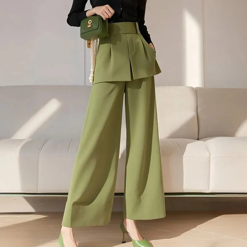 Temperament Fake Two-piece Spliced   apron Style High-waist Wide-leg Casual Women's Autumn New Straight-leg Mopping Trousers