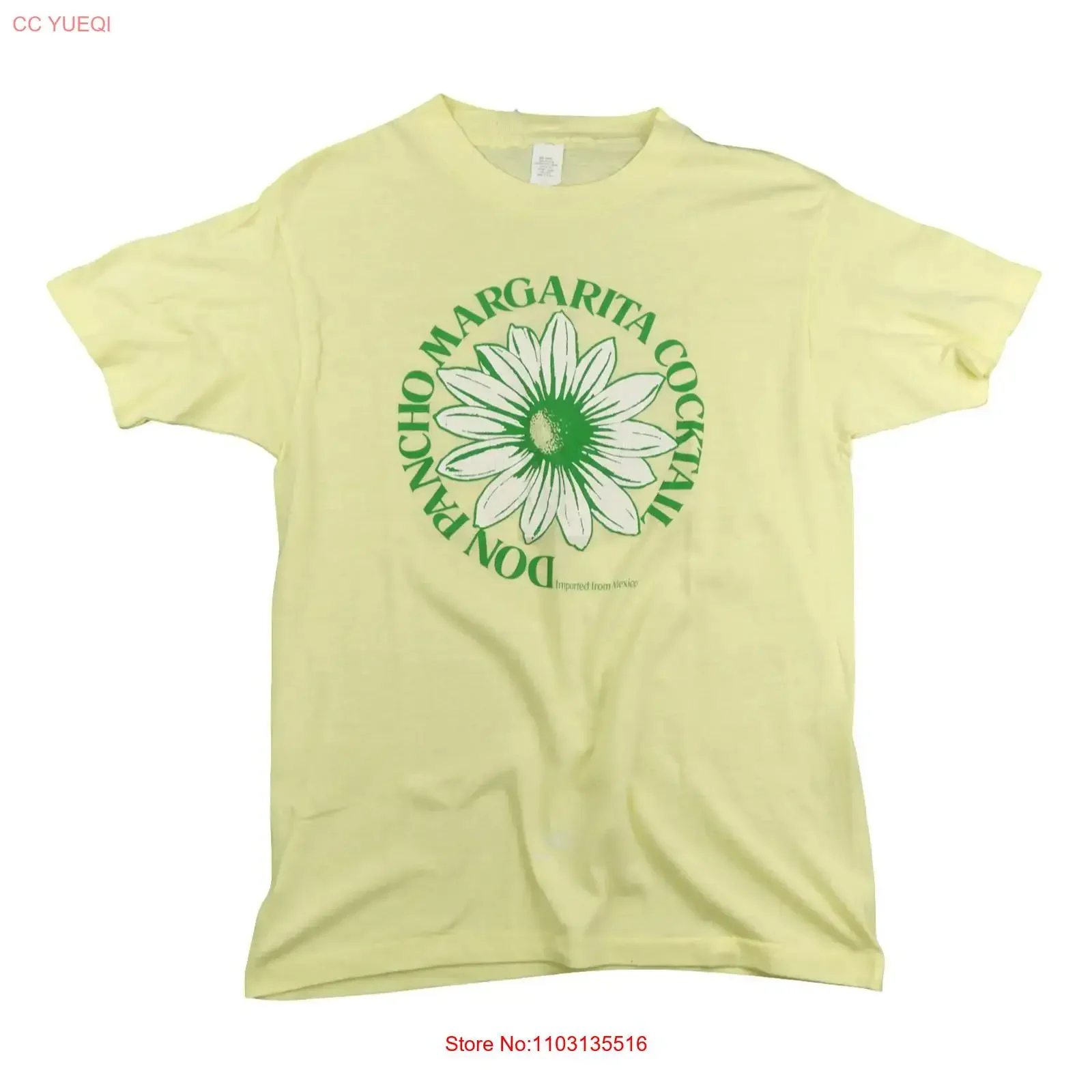 Camiseta Vintage Margarita para hombre, talla mediana/grande, amarilla, con estampado de Don Pancho y flores, estilo vintage lavado, informal, con gráfico, ligeramente elástica.