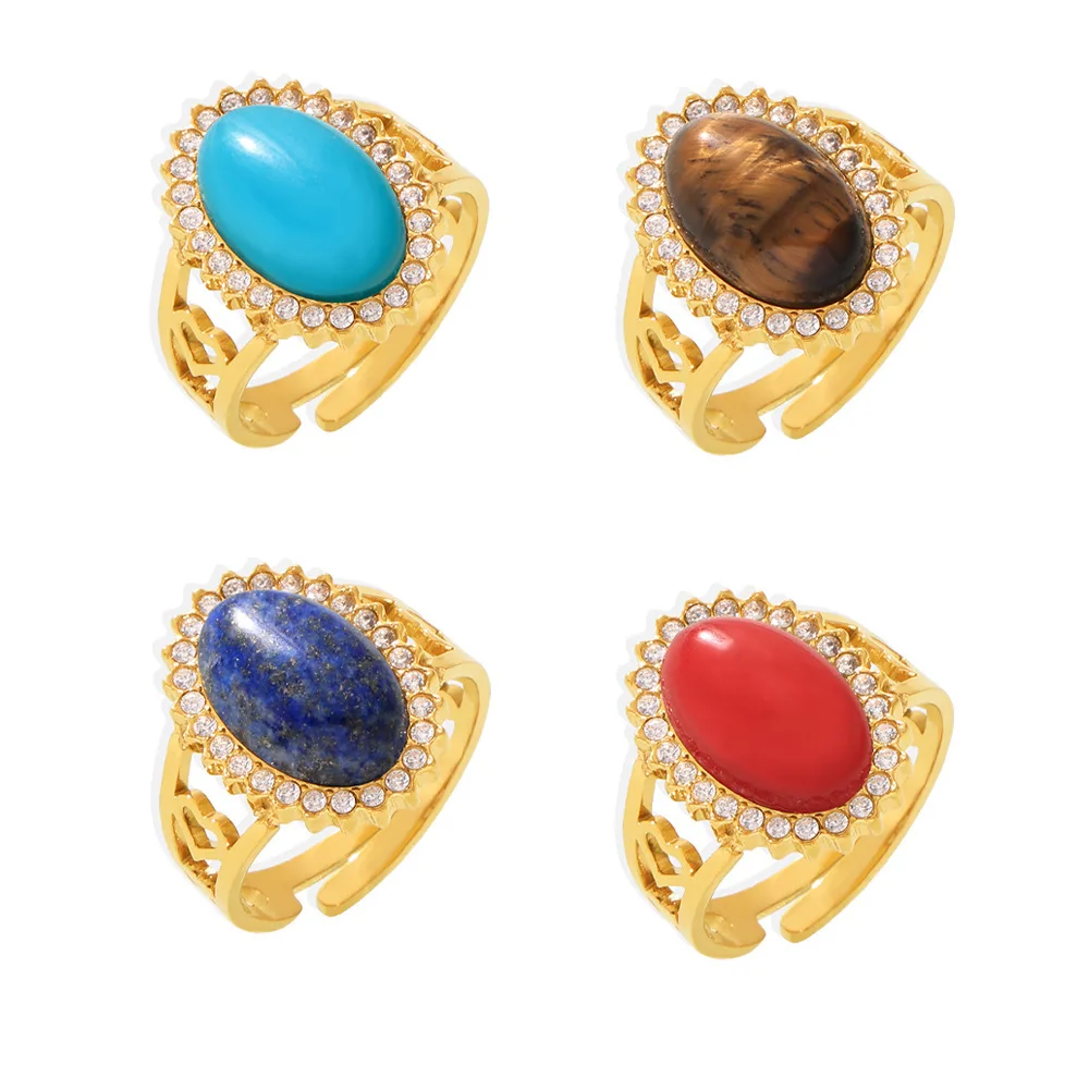 

Women's Adjustable Ring with Wavy Zircon Oval Natural Stone Stainless Steel Fashionable and Versatile Jewelry Accessories