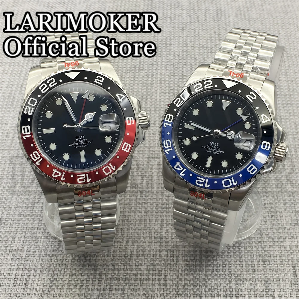 LARIMOKER 40MM Men Quartz Watch Stainless Steel Case Sapphire Glass Black Dial Red Blue GMT Rhonda515 24h Movement Watch