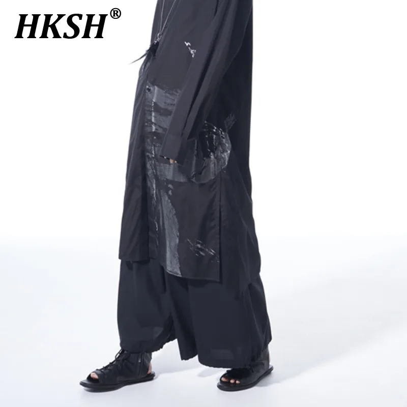 HKSH Spring Summer New Men\'s Wide Leg Flared Pants Pleat Elastic Binding Drawstring Women Dark Punk Gothic Chic Trousers HK1320
