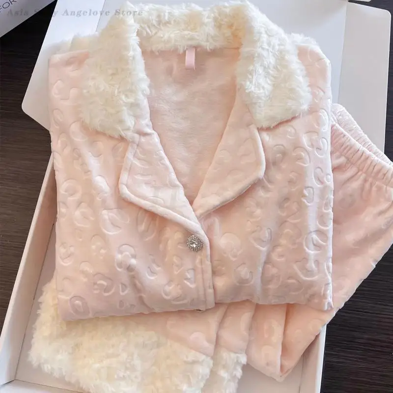 

Pink Island Fleece Pajamas Suit Sweet Princess Style Sleepwear Loungewear Lady Outwear 2Pcs Home Clothes Autumn Winter Pjs