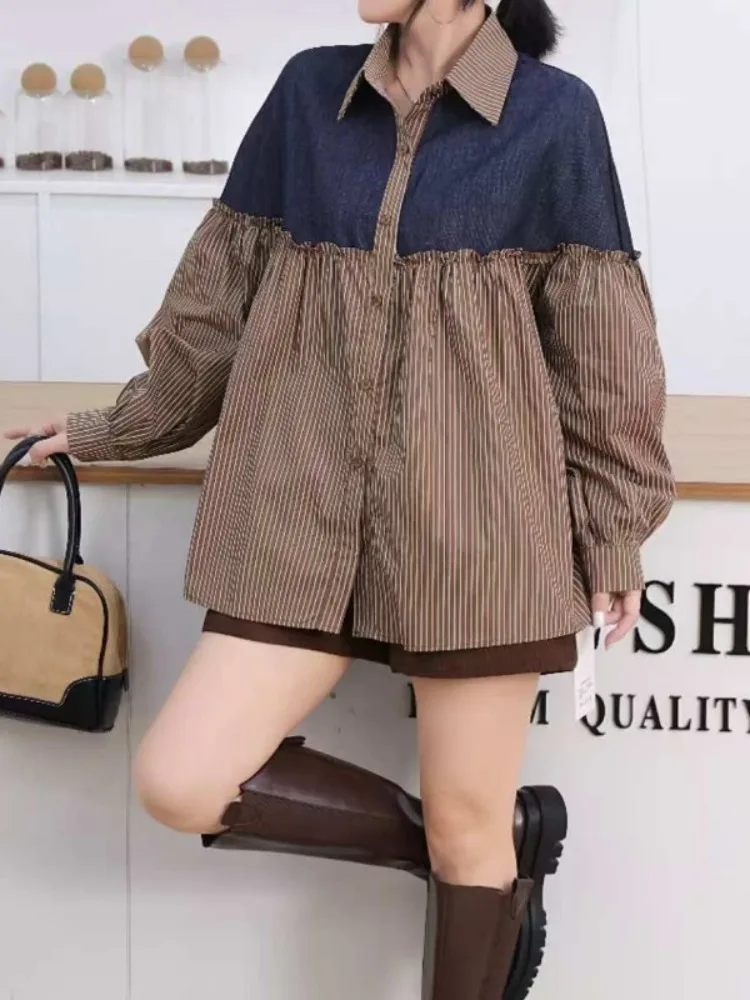 

Bonboho 2025 Stylish Long Sleeves T-shirt Contrast Color Striped Loose Buttoned Blouse Spring and Autumn Casual Shirts for Women