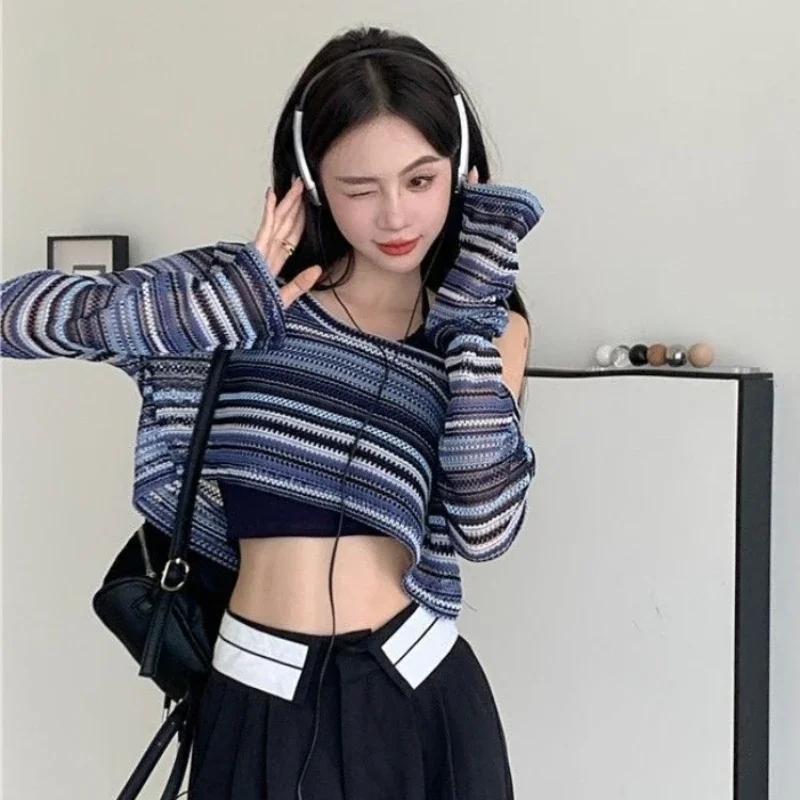 Korean Fashion Crop Tops Women Skeleton Knit Blouse Summer Clashing Stripes Sunscreen T-Shirt Y2K Tops Streetwear Women Clothes