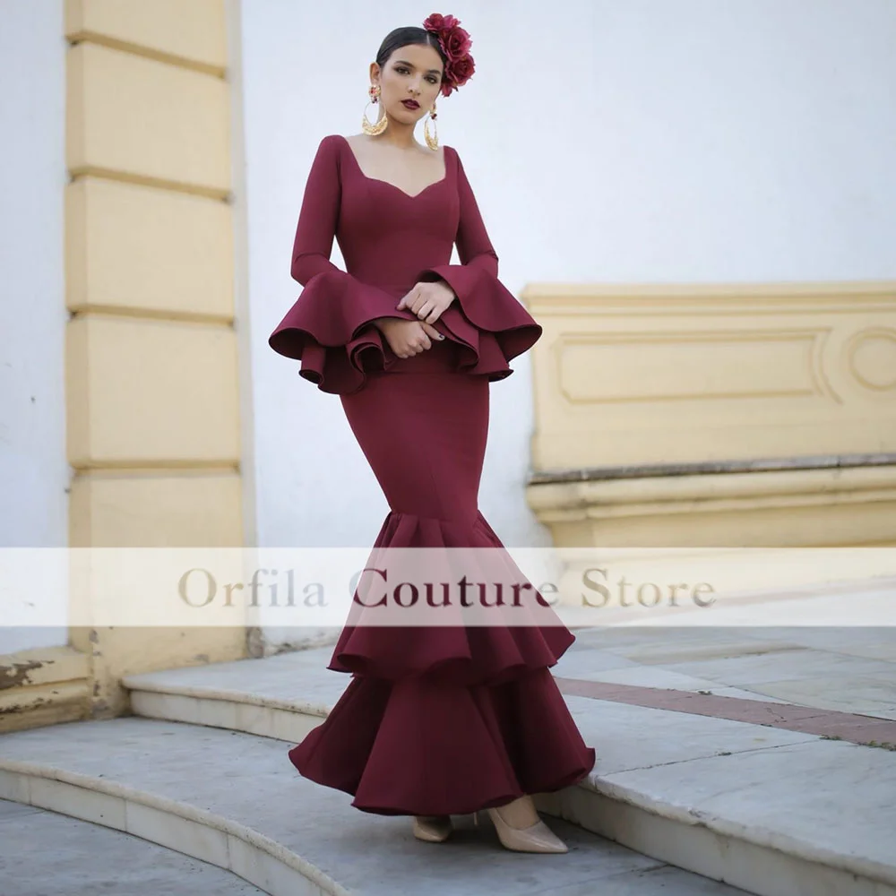 Vestido de baile de graduación Flamenca, mangas largas, satén rojo oscuro, ocasión de noche Formal española, vestidos de fiesta de Gala con hombros descubiertos