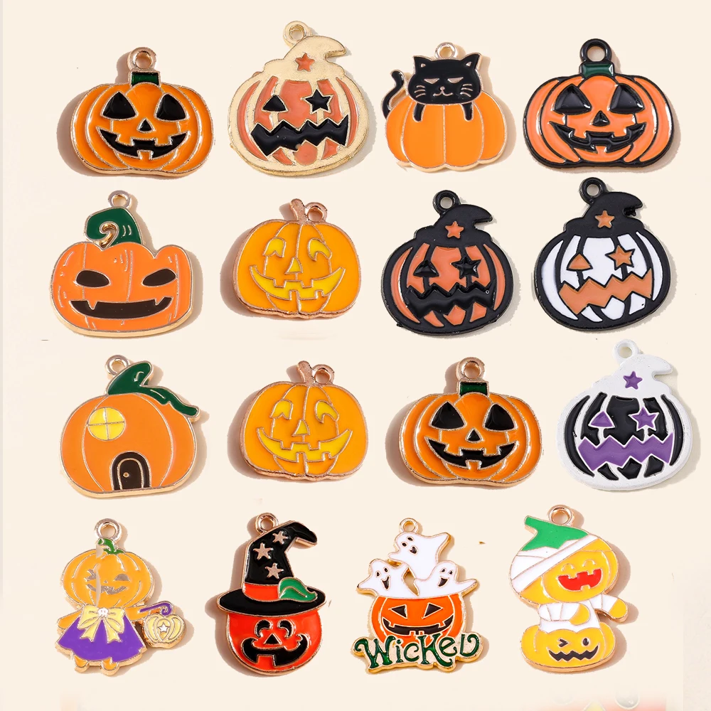 10Pcs Mix Halloween Charms Enamel Halloween Pumpkin Charms Pendants for Dangle Earrings Bracelet Necklace DIY Jewelry