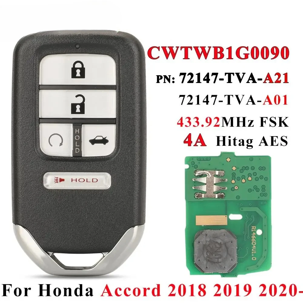 

72147-TVA-A21 Keyless Prox Smart Remote Автомобильный брелок для Honda Accord 2018 2019 2020 433 МГц 4A чип 5 кнопок CWTWB1G0090
