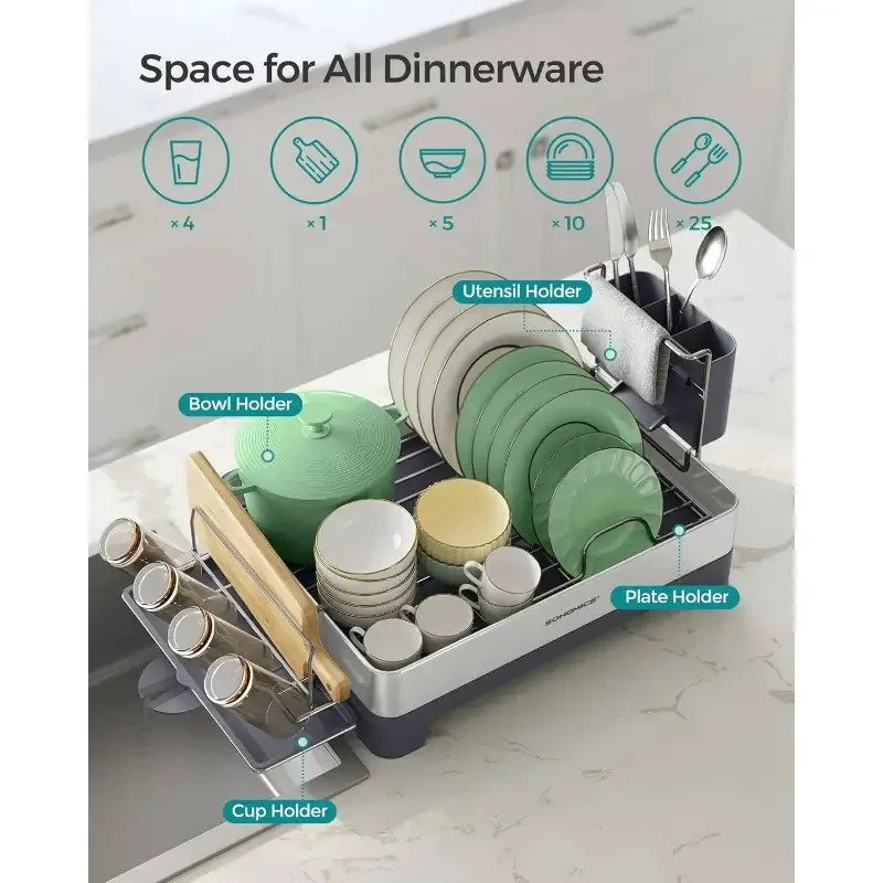 

Dish Drying Rack with Rotatable Extendable Drain Spout, Dish Drainer with Utensil, Cup & Board Holders, Silver/Grey, Rustproof