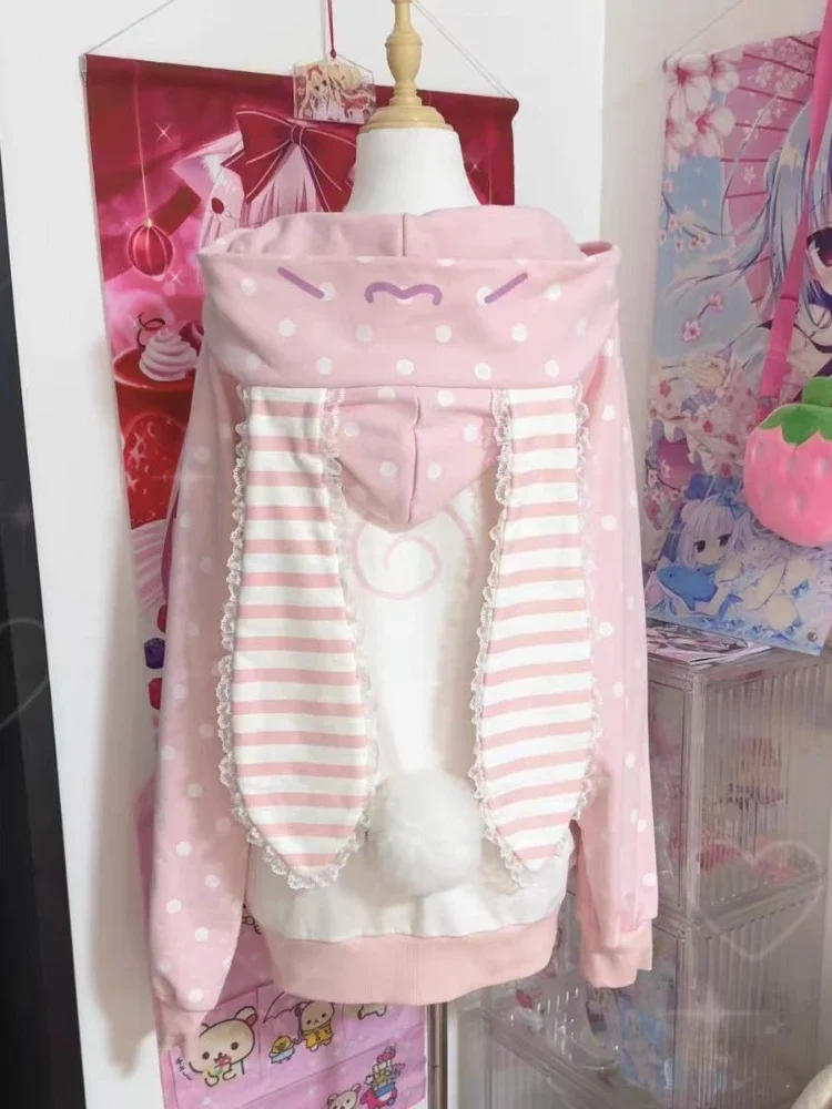 Japonský kabát pro ženy, sladký patchworkový zip, kawaii zip, krajka, puntíkovaná mikina s kapucí, nový volný kabát, podzimní módní kabát pro ženy - náhled 3