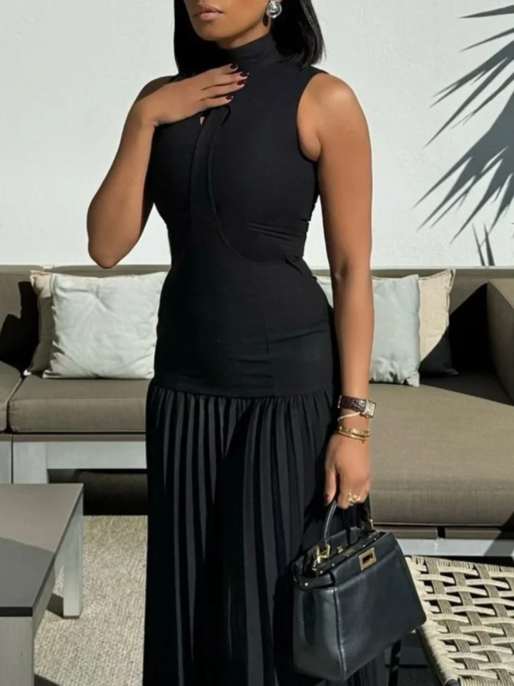 2025 New Women's Stand Collar Sleeveless Pleated Maxi Dresses Black Bodycon Party Evening Formal Elegant Dress