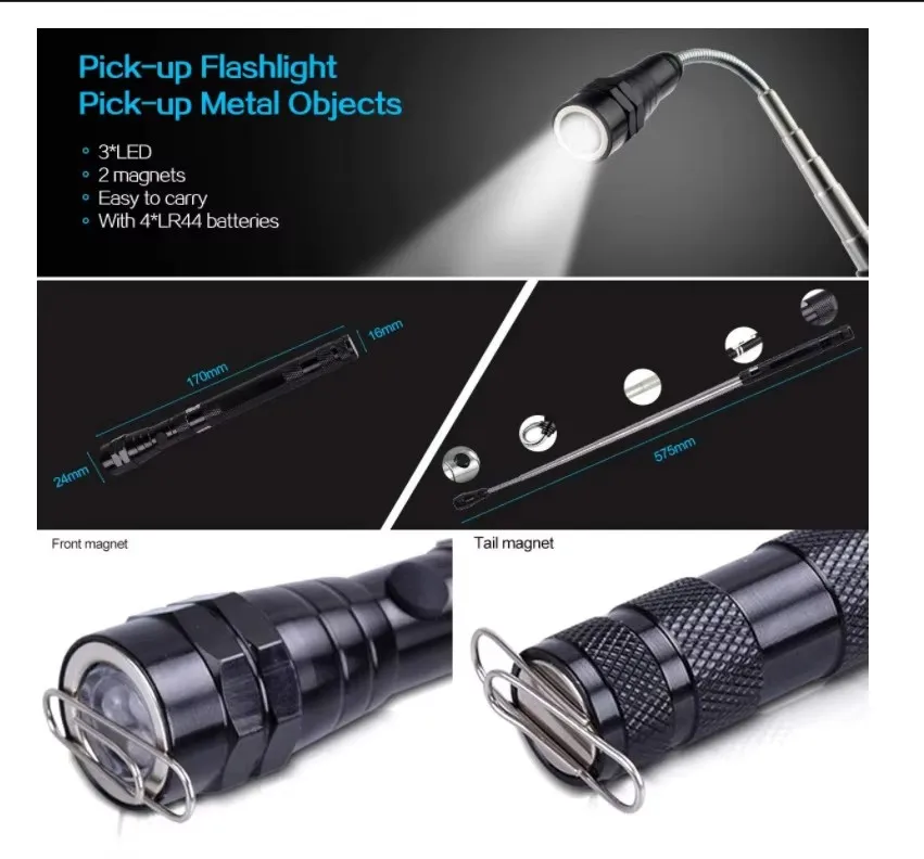 360 Degree Flexible LED Flashlight Magnetized Head Telescopic 3 LED Torch Flashlight Magnetic Pick Up Tool Lamp Light