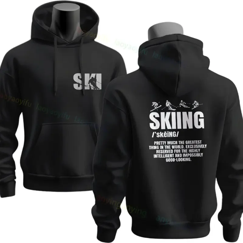 Alpine Ski Enthusiast Graphic Hoodie with Downhill Skier Long Sleeve Pullover Sportswear for Fall & Winter Outdoor Clothing