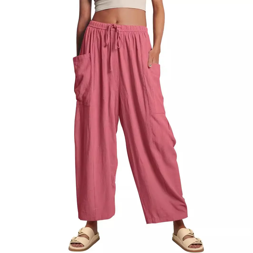 2025 Women's Spring and Summer Elastic Waist Pleated High Waist Wide Leg Pants Loose Casual Cotton and Linen Trousers