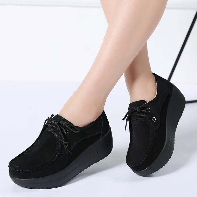 New 2018 Autumn Women Flats Shoes Thick Soled High Platform Shoes Leather Suede Ladies Casual Shoes Lace Up Flats Creepers