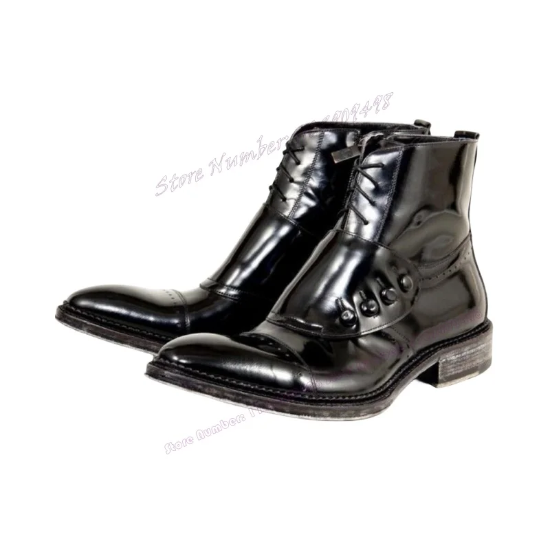 Black Button Decor Men's Chelsea Boots Patent Leather Cross Tied Chunky Heels Shoes New Style Shoes 2023 Zapatos Para Hombres