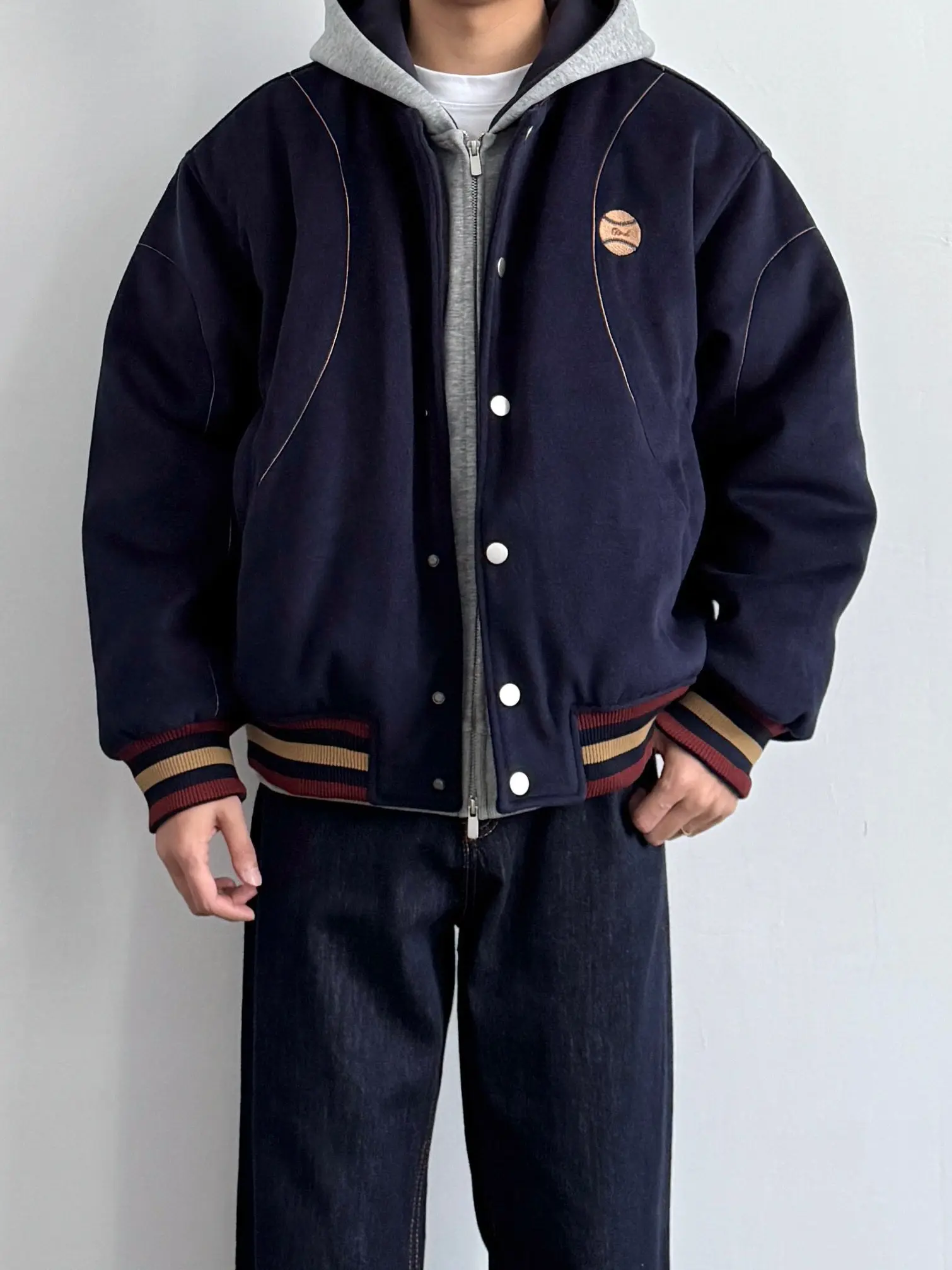 

American Retro Contrast Color Embroidery Baseball Collar Jaet Loose Casual Cotton Coat for Men Winter New Sle Warm Versatile