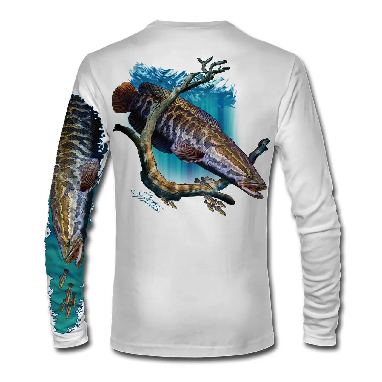 Freshwater Wild Fishing Theme Outdoor Crew Neck Long Sleeve Tee, Quick-Dry Breathable Lake Fishing,Country Trips Outdoor Leisure