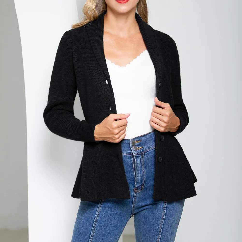 BP damski sweter rozpinany Slim Fit Peplum Hem bluza z długim rękawem szal Lapel zapinany na guziki sweter jesienny w stylu Harajuku Top