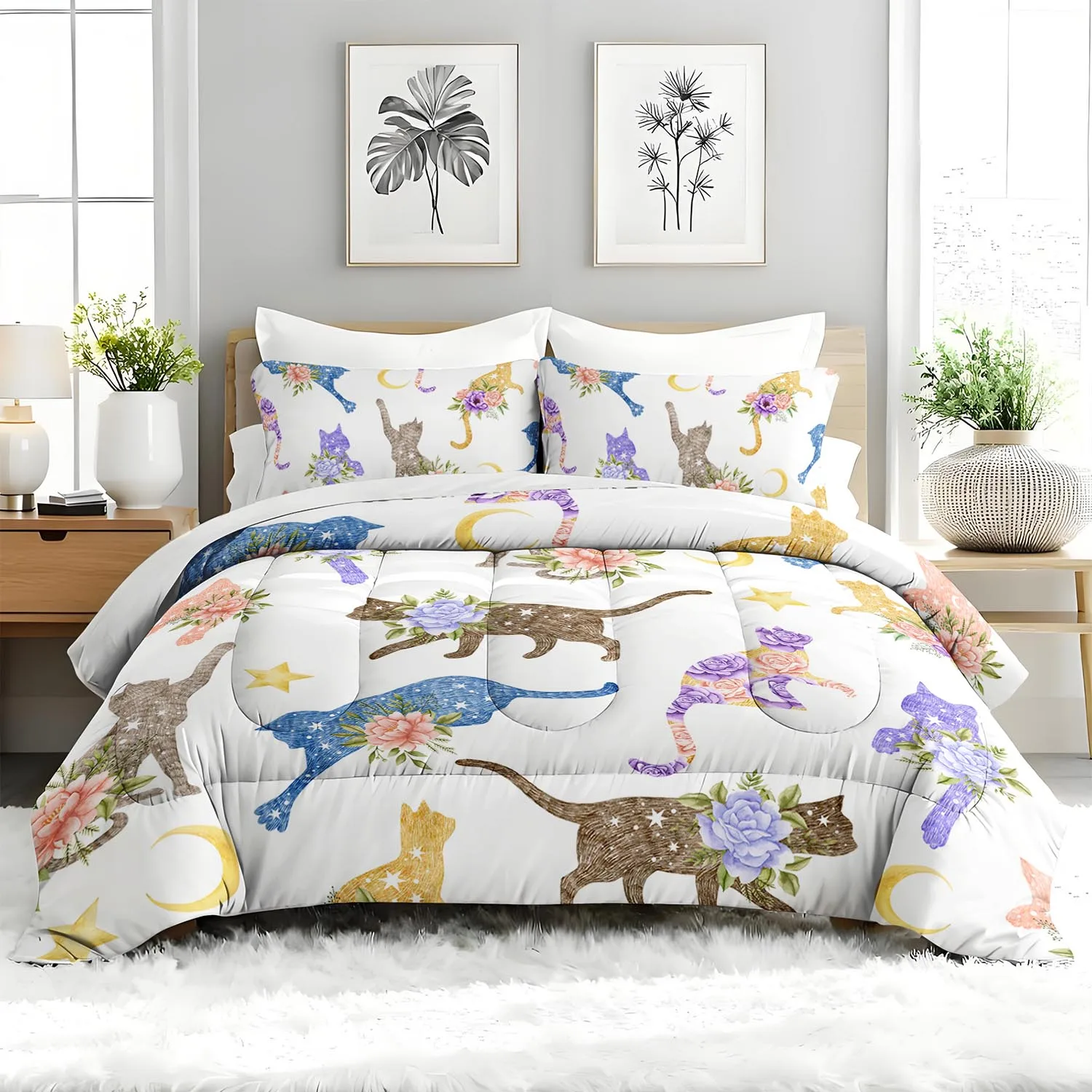 

3PC Cat & Floral Print Comforter Set， Animal Bedding Set， Printed Duvet Set with 2 Pillowcases Cute For Bedroom or Guest Room De