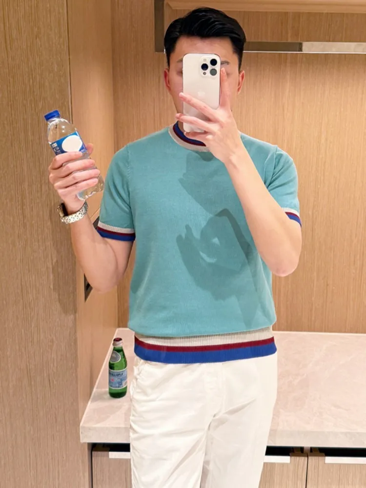 Business Men Summer Casual Knit Work T-Shirt O Neck Slim Fit Tops Short Sleeve Breathable Peacock Blue Pullover Striped Tee Top