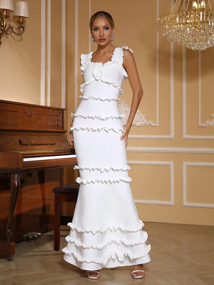 

Сексуальное бандажное платье с квадратным вырезом и оборками, 3D цветочное бандажное платье, женские белые облегающие длинные платья без рукавов, вечерние коктейльные платья