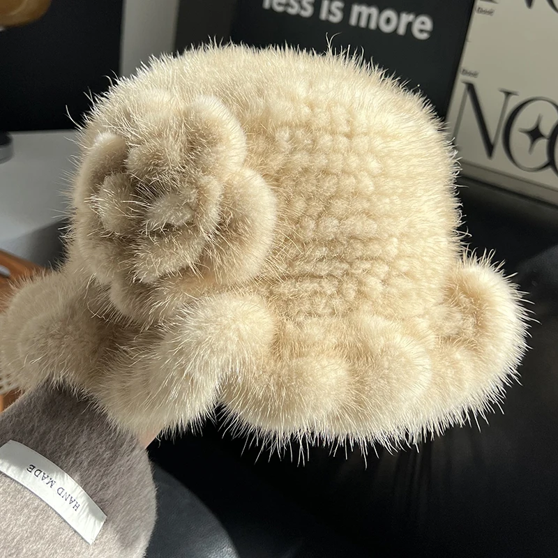 Topi Bulu Mink Asli 100% untuk Wanita, Topi Bucket Musim Dingin Penghangat, Topi Bulu Mink Asli Rajutan Alami Mewah untuk Wanita