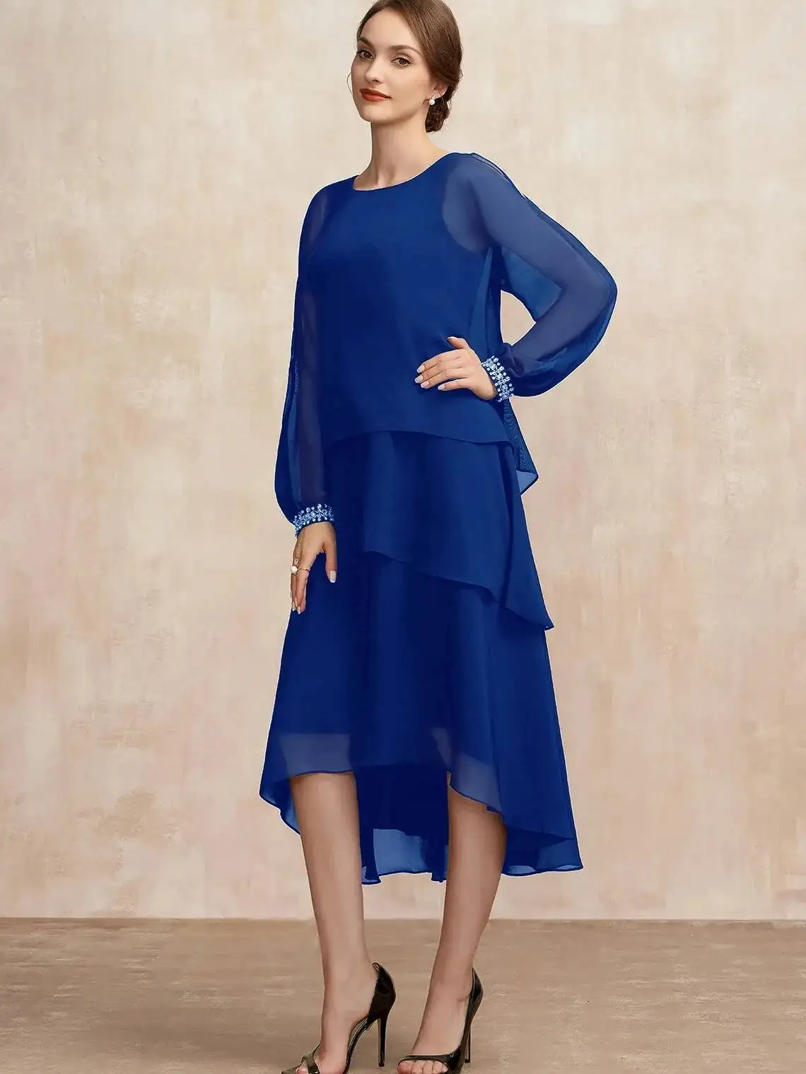 Abito da donna in chiffon manica corta elegante o-collo solido partito irregolare manica a petalo a strati moda estiva maxi abito KOT8