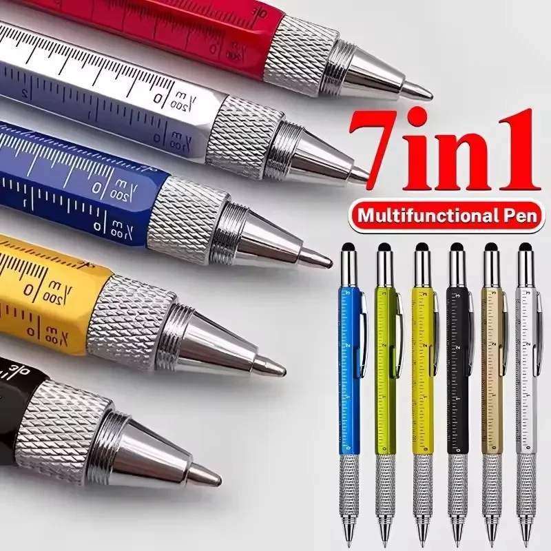 7 in 1 Multifunctional Pen Touch Screen Stylus Capacitive Pen with Screwdriver Ruler Levelgauge Refillable Ballpoint Pencil Tool