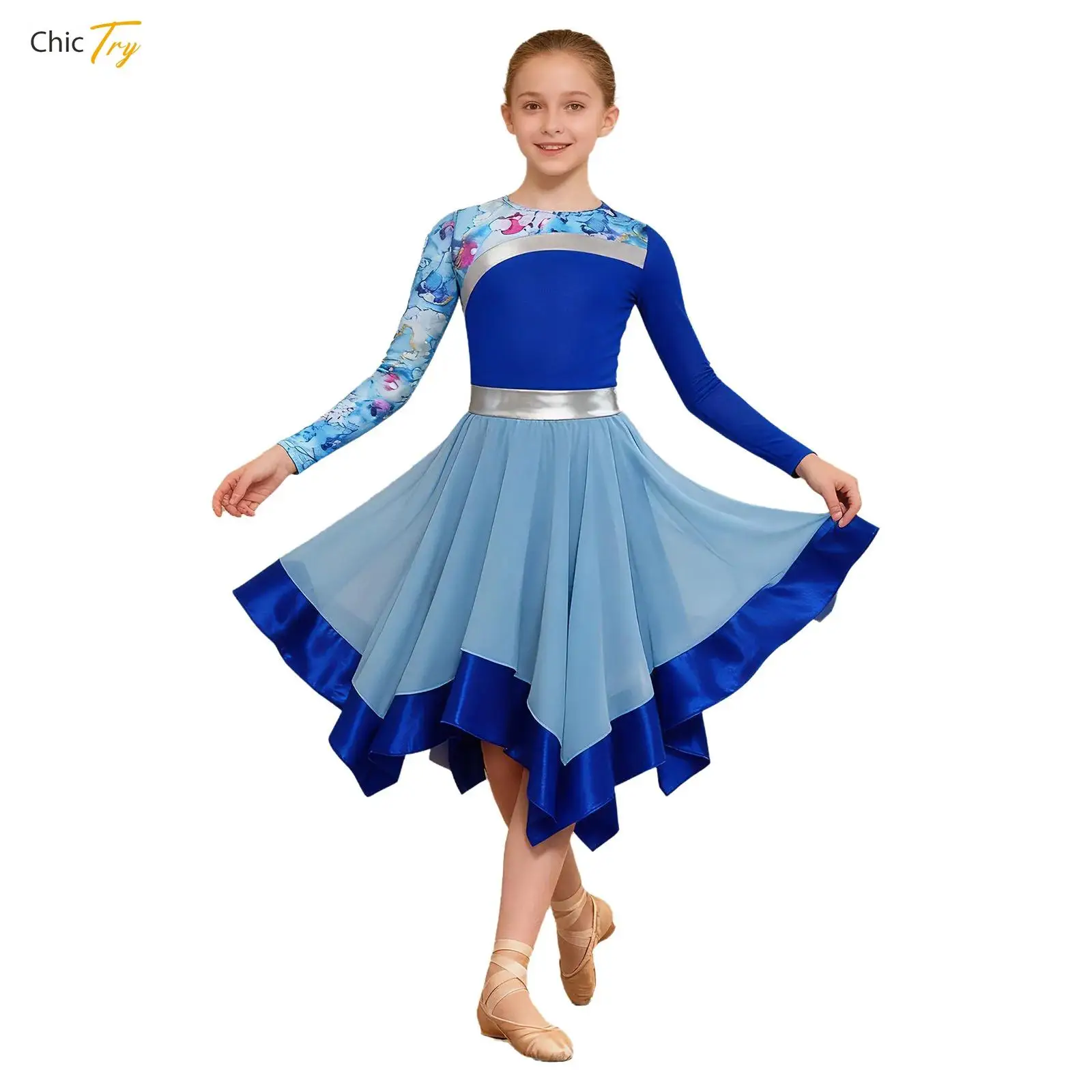 キッズガールズ典礼礼拝賛美ダンスドレス長袖プリントパッチワークイレギュラーヘムバレエ叙情ダンスチュニックコスチューム