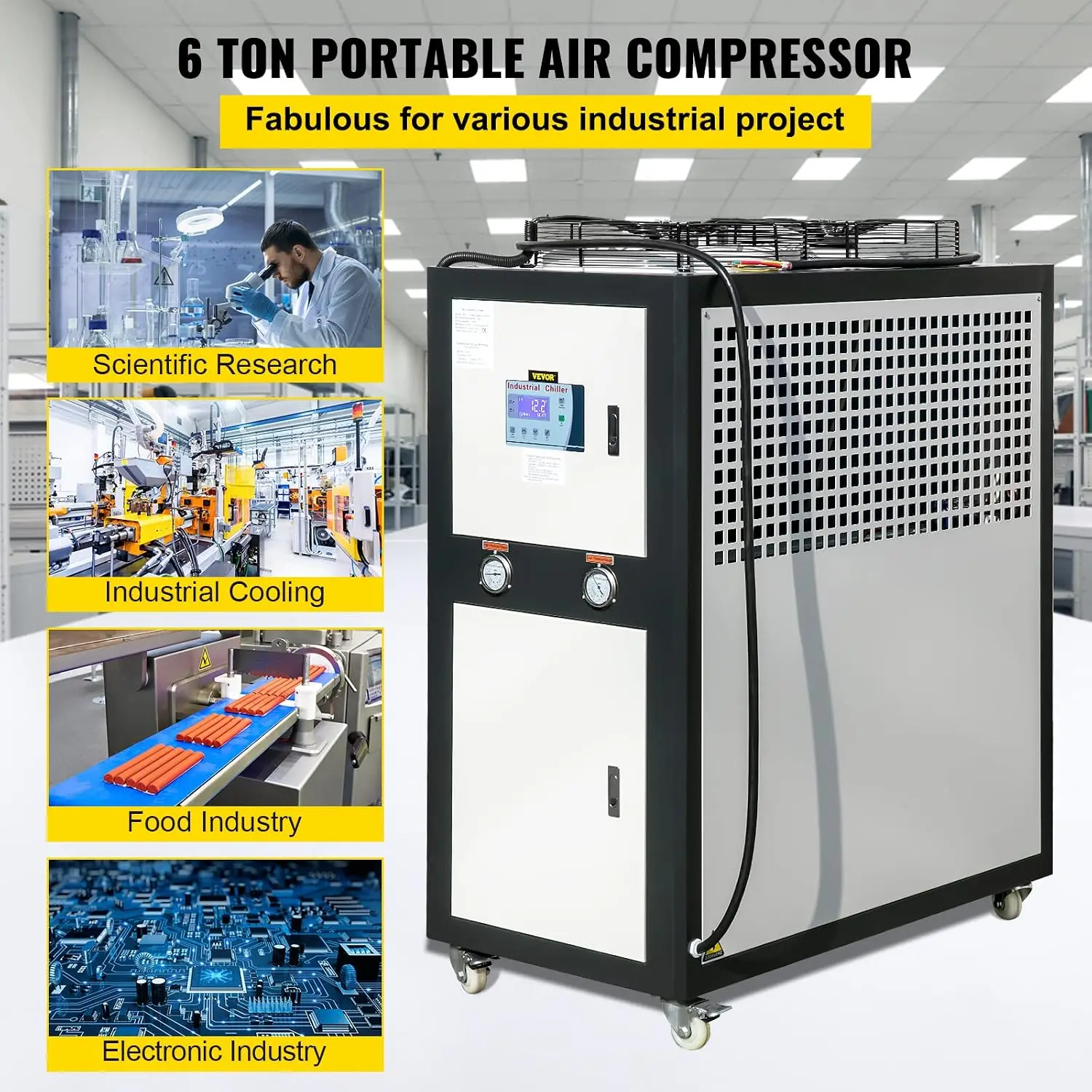 6Ton Capacity Air-Cooled Water Chiller, 6HP, Stainless Steel, Portable, Digital, Micro-computer Control, Black