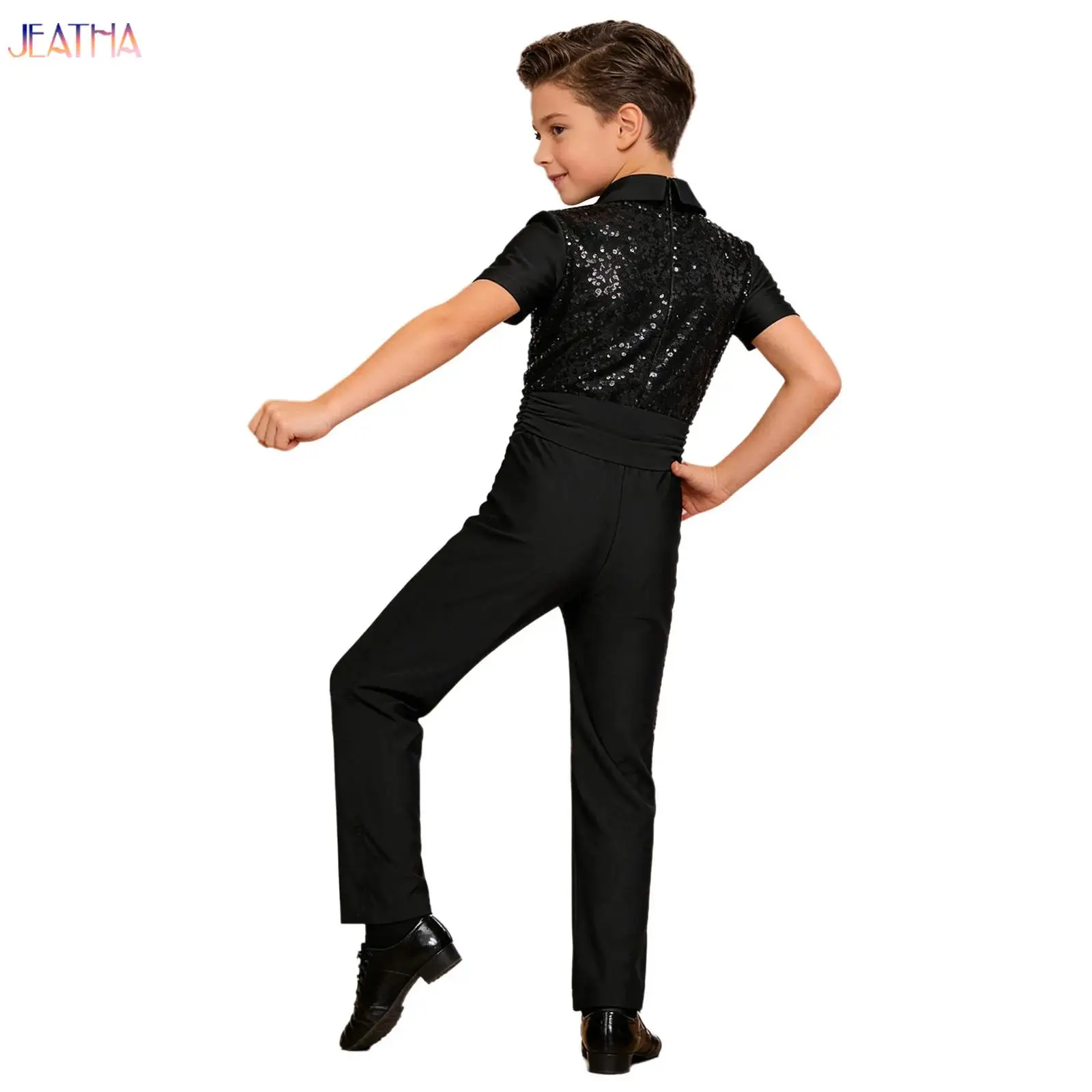 

Kids Boys Jazz Dance Costume Sparkling Sequin Fashion Dancing Streetwear Host Piano Performance Birthday Party Jumpsuits Clothes