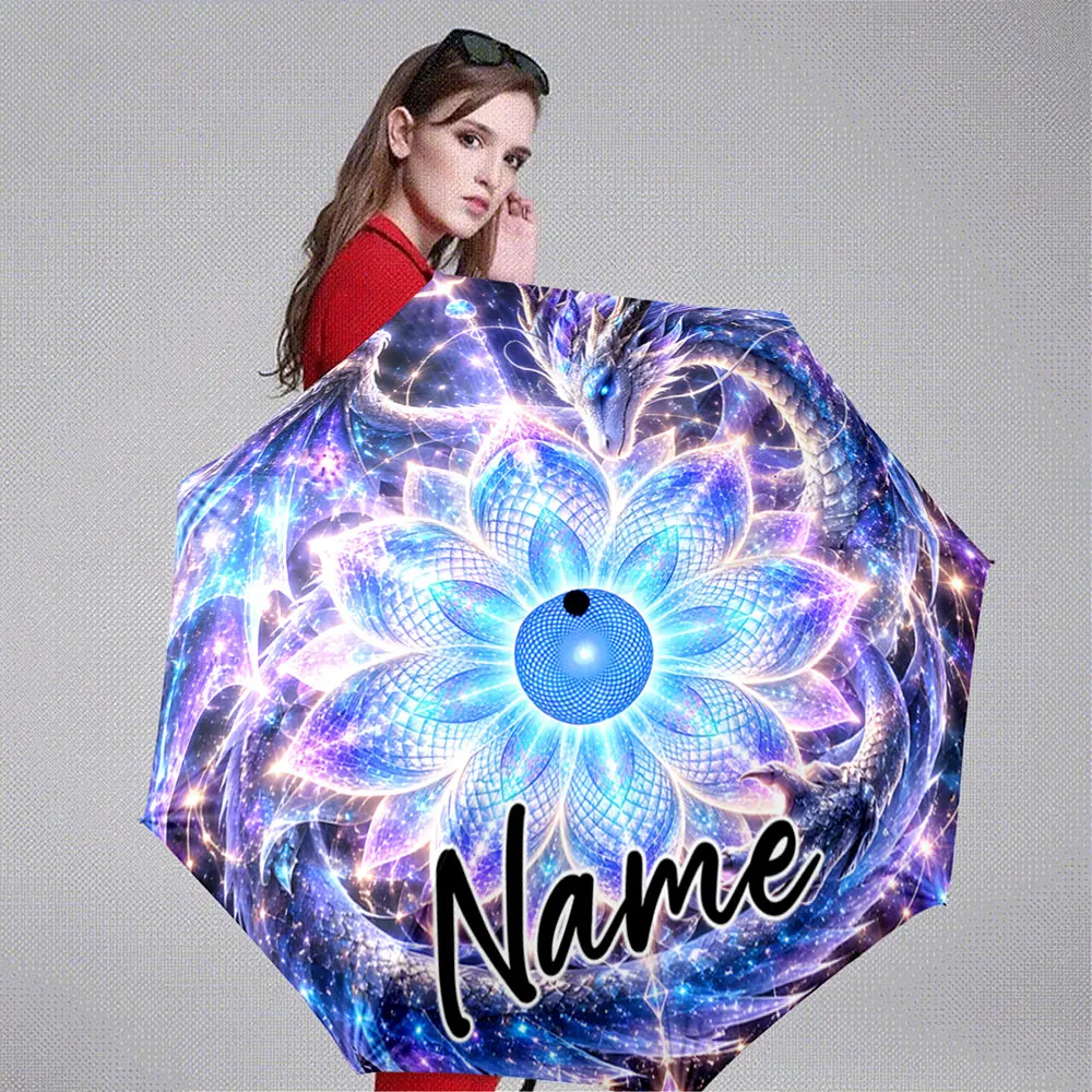 Custom Name Umbrella Starry Blue Violet Lotus with Dragon 8 Iron Ribs Folding Umbrella Auto-Open Fashion Sunshade