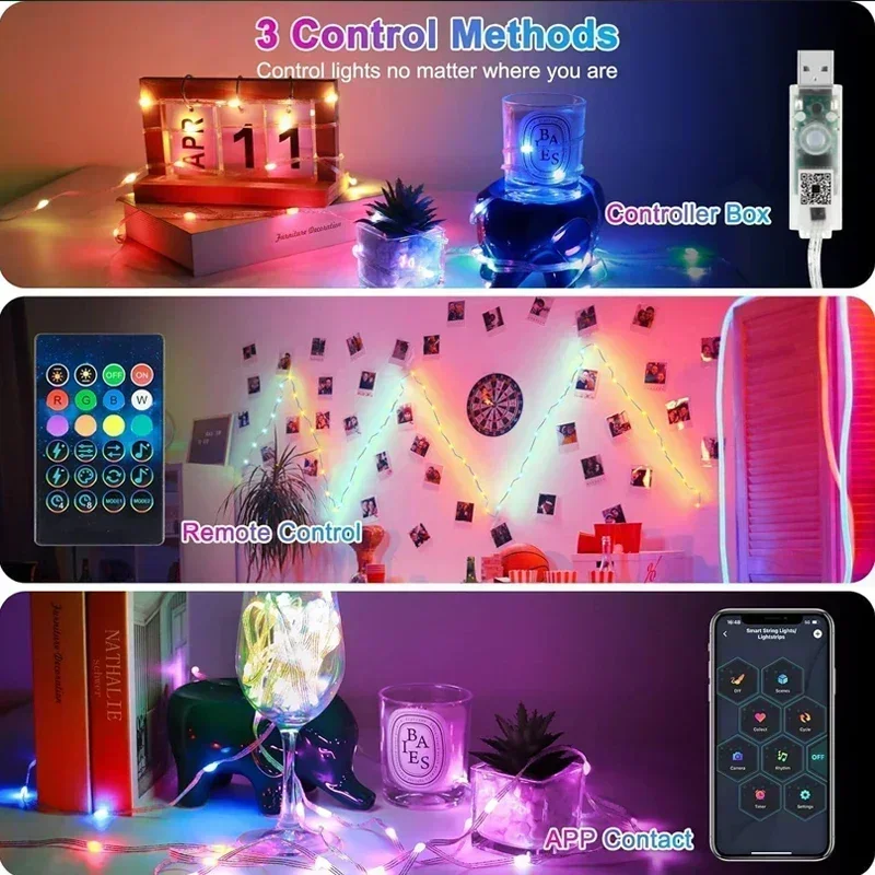 Inteligente LED String Lights com Bluetooth, Controle App, RGB Fairy Lights, Impermeável, USB, Música, Sonho Cor, Festa, Quarto, Decoração Árvore