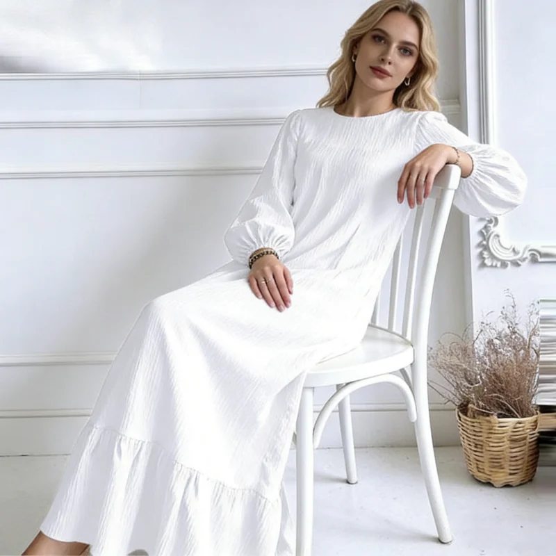 

2026 New Women’s Spring Long Sleeve Women Dress O-neck Loose Casual Ruffles Boho Style Vacation Beach Wear Dresses