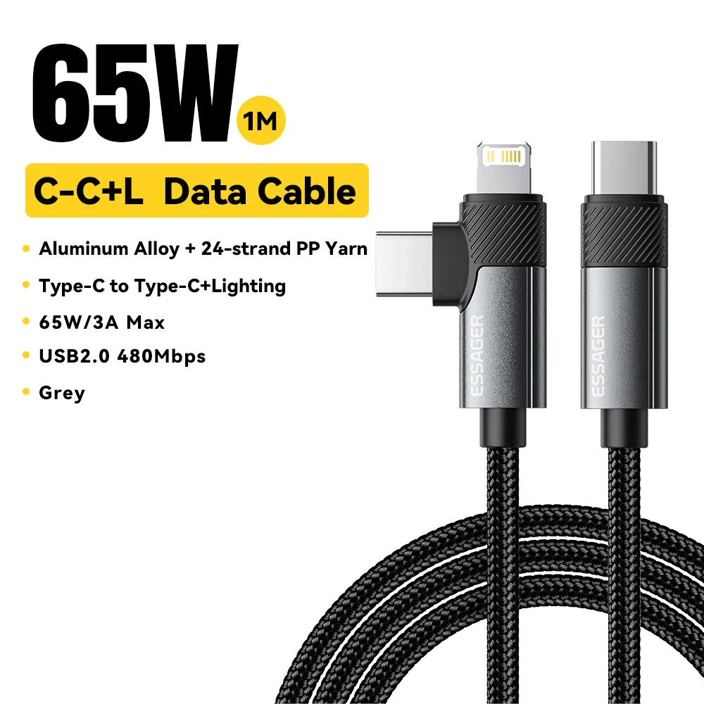 Кабель Essager 2 в 1 USB Type C 65 Вт для быстрой зарядки iPhone, MacBook, Xiaomi — фото товара