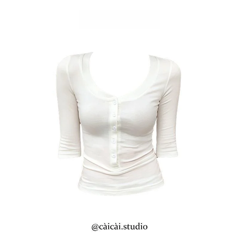 Slim Fit Short Sleeve round Neck T-Shirt Women's Spring Autumn Thin Elastic Casual Top under Shirt Commute Style Korean Version