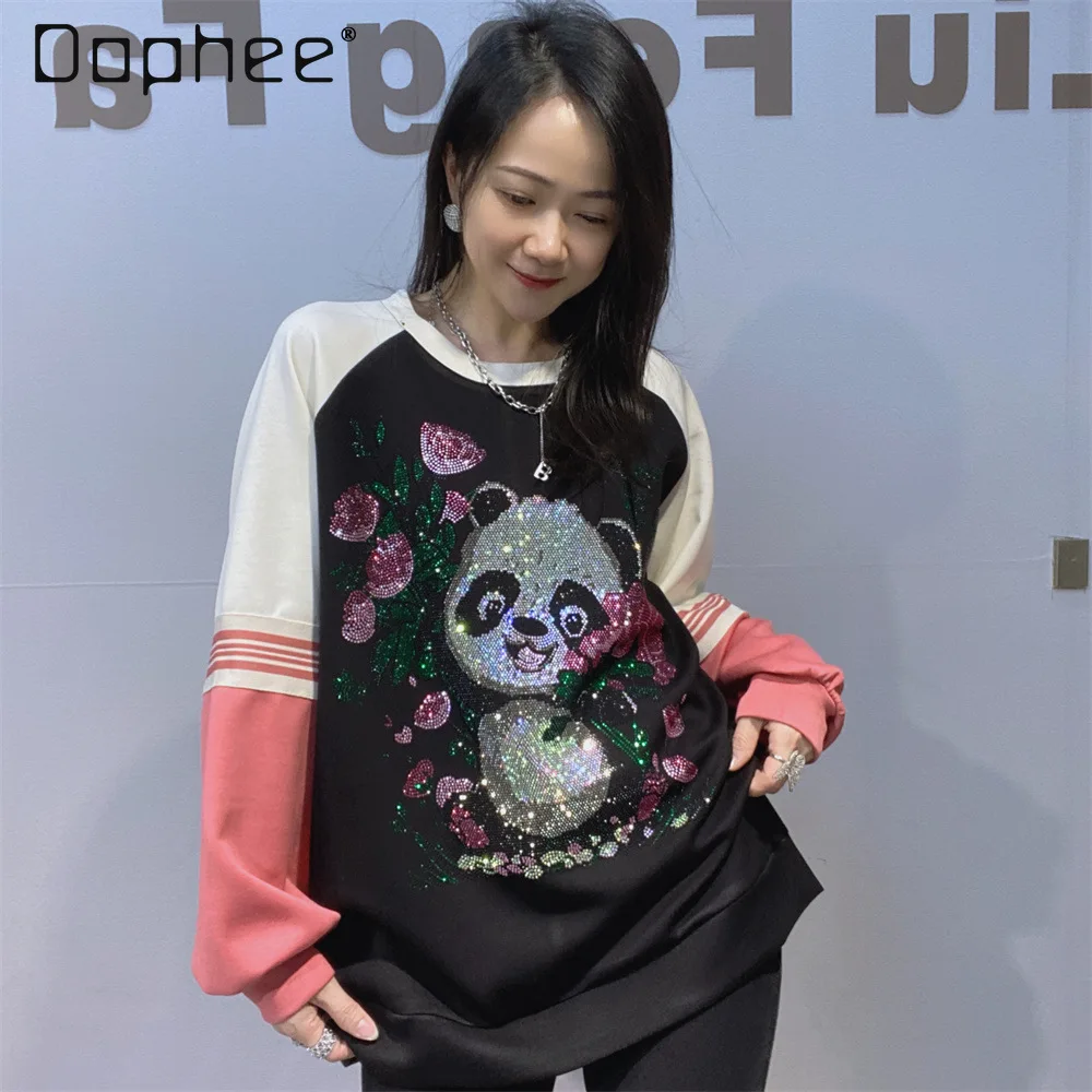 

Women's Clothing Rhinestone Patchwork Color Space Cotton Round Neck Sweatshirt 2026 Spring Loose Long Sleeve Casual Top