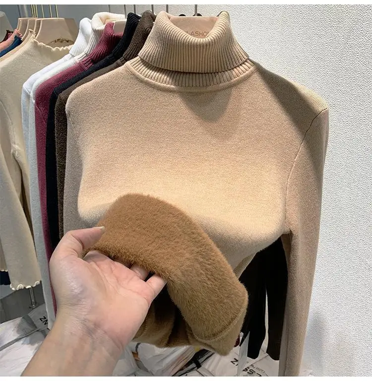 2025 New Thicken High Collar Pullover Women's Sweater Top Winter Warm and Soft Solid Color Inner Wear Bottoming Shirt