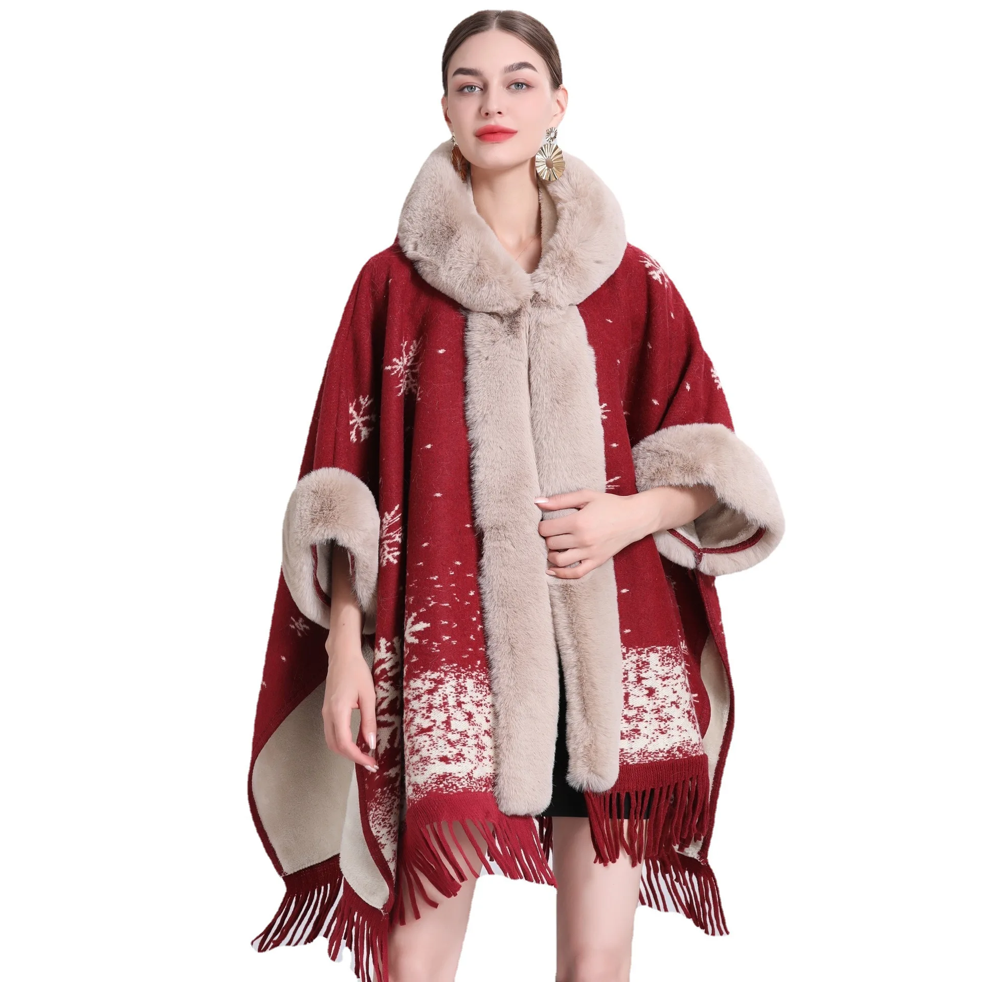 Winter Women Plaid Long Poncho Cloak Faux Fur Collar Tassel Cape Thicken Warm Velvet Outside Loose Christmas Overcoat With Hat