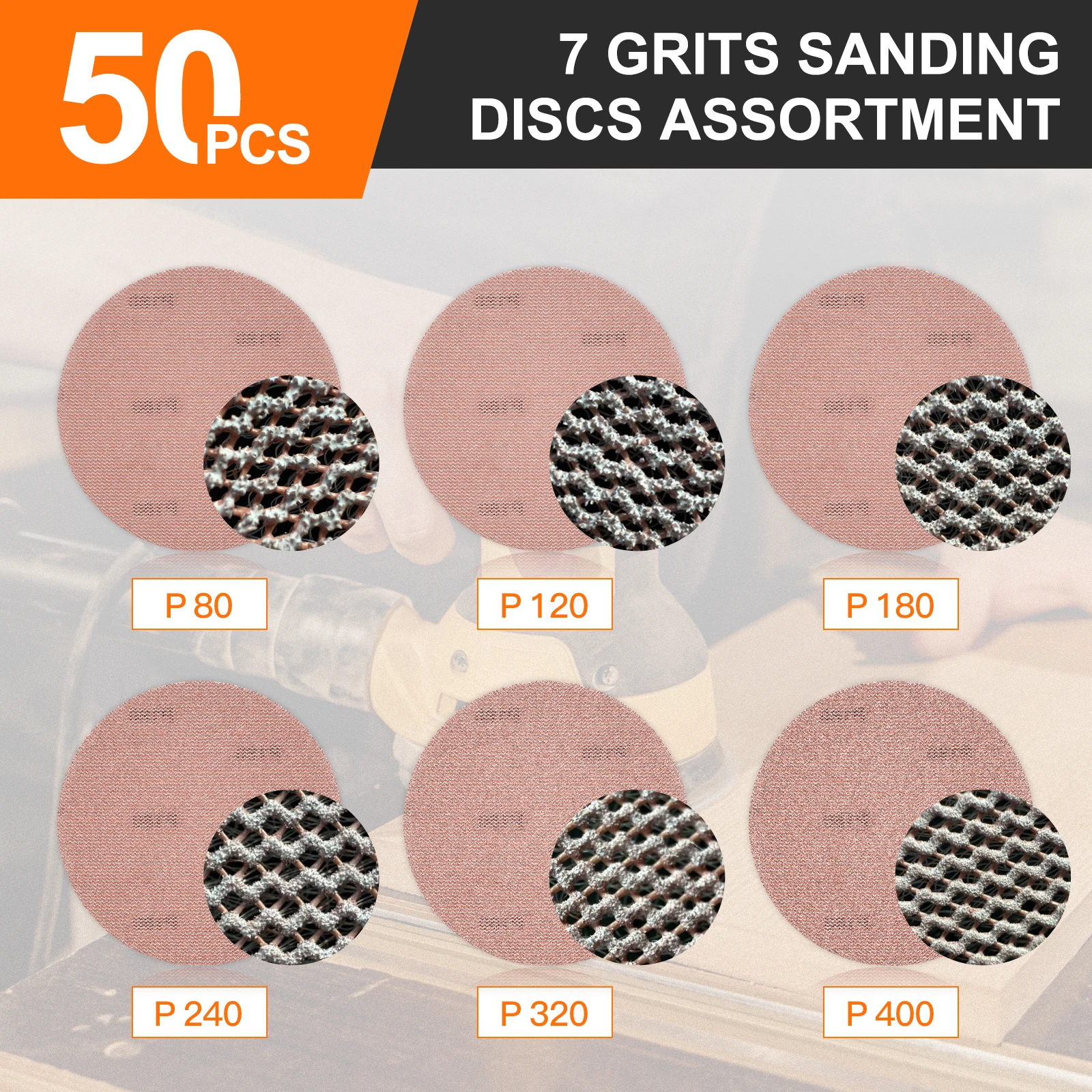 50pcs 80-400Grit 5inch Mesh Sanding Discs Hook & Loop Mesh Pads for Random Orbital Sander - Durable Anti-Slip for Wood Metal